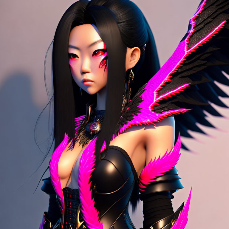 Digital Artwork: Female Character with Dark Hair, Red Eye Markings, Pink and Black Wings