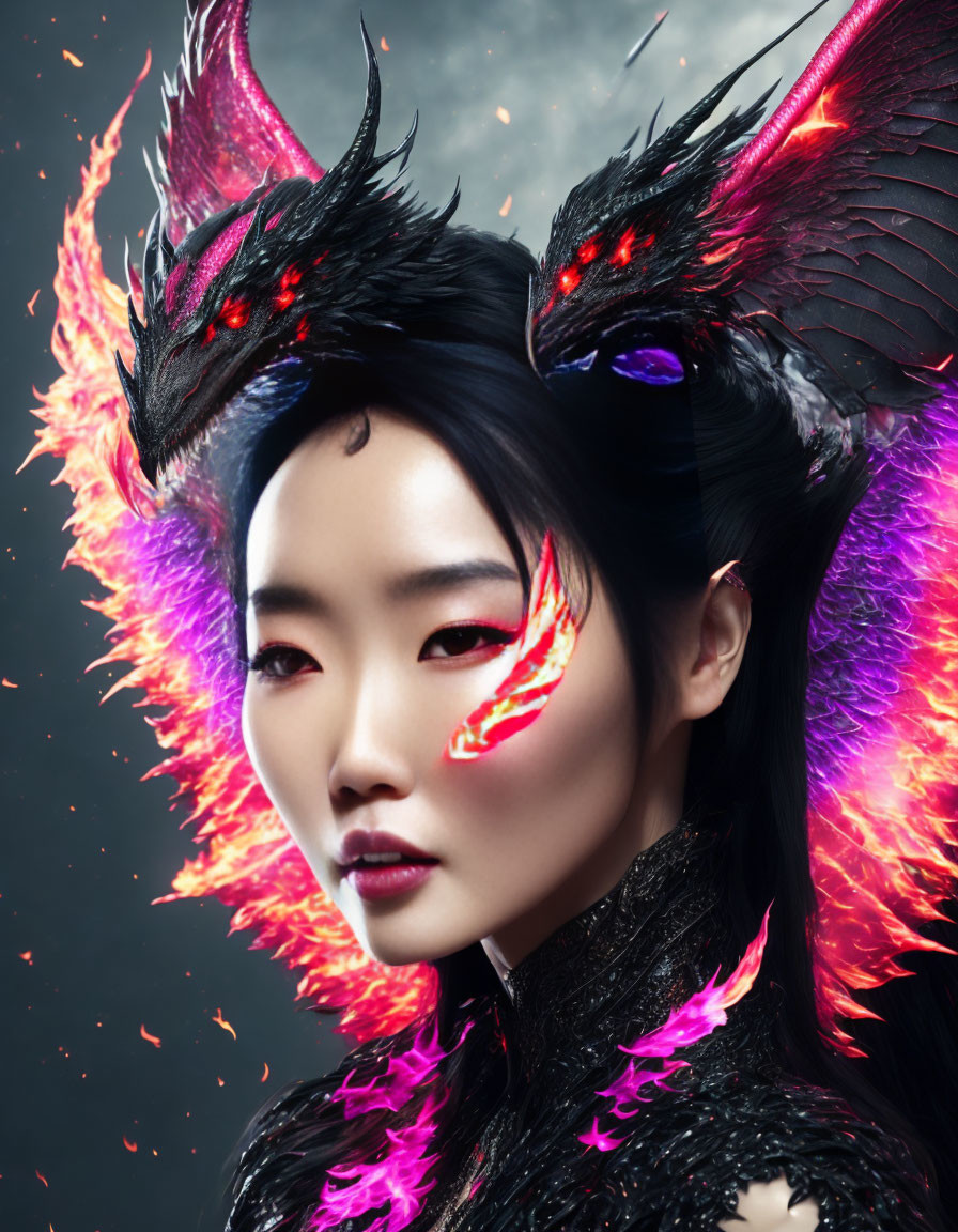 Woman with dragon-inspired makeup and two dragons on shoulders in dark setting