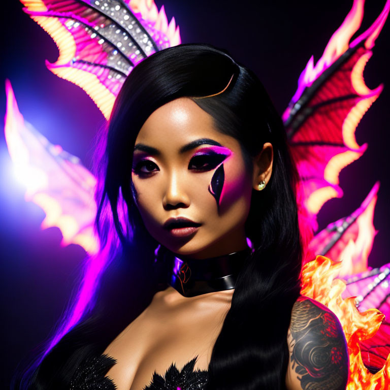 Dark-haired woman with dramatic makeup, horned headpiece, and fiery wings