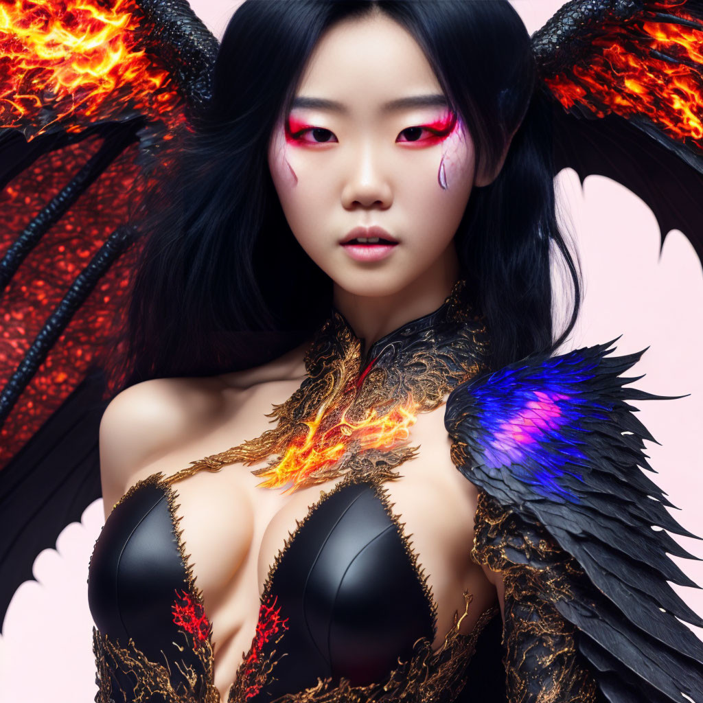 Woman with pink eye makeup and fiery black angel wings in flame-patterned outfit on pink backdrop