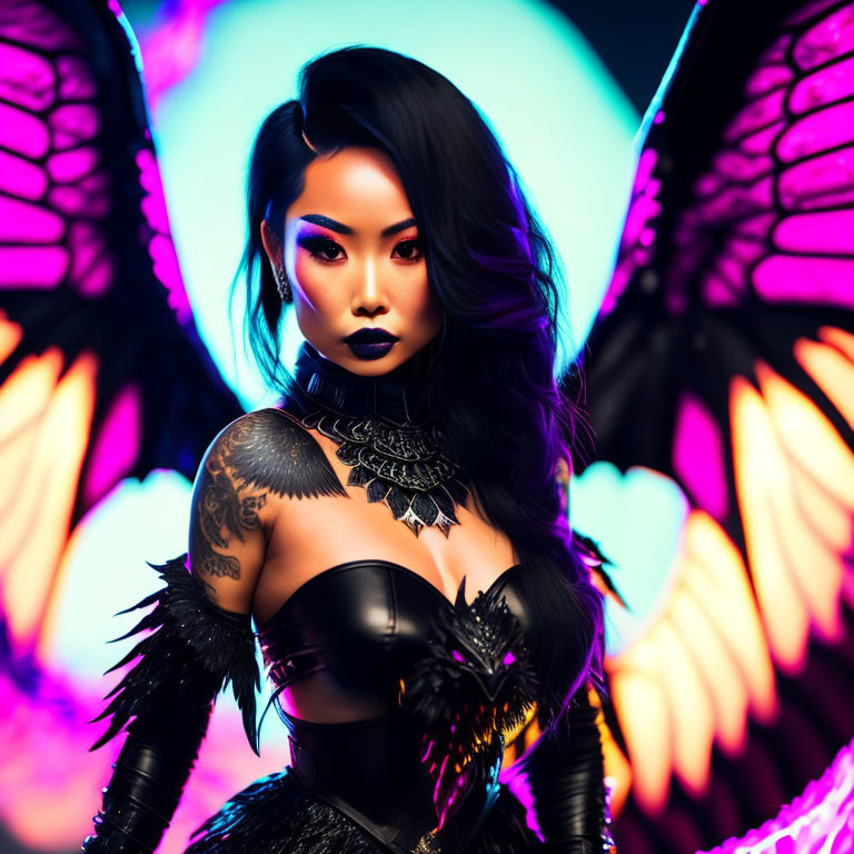 Person with butterfly wings, dark makeup, tattoos in neon backdrop