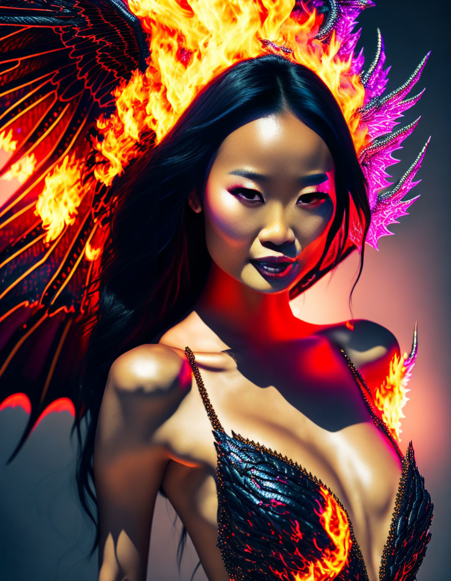 Fiery phoenix wings woman with glowing eyes radiates mystical power