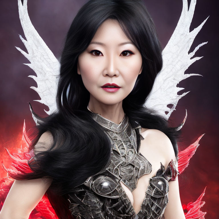 Long-haired woman in striking makeup wearing intricate armor against fiery backdrop with white wings