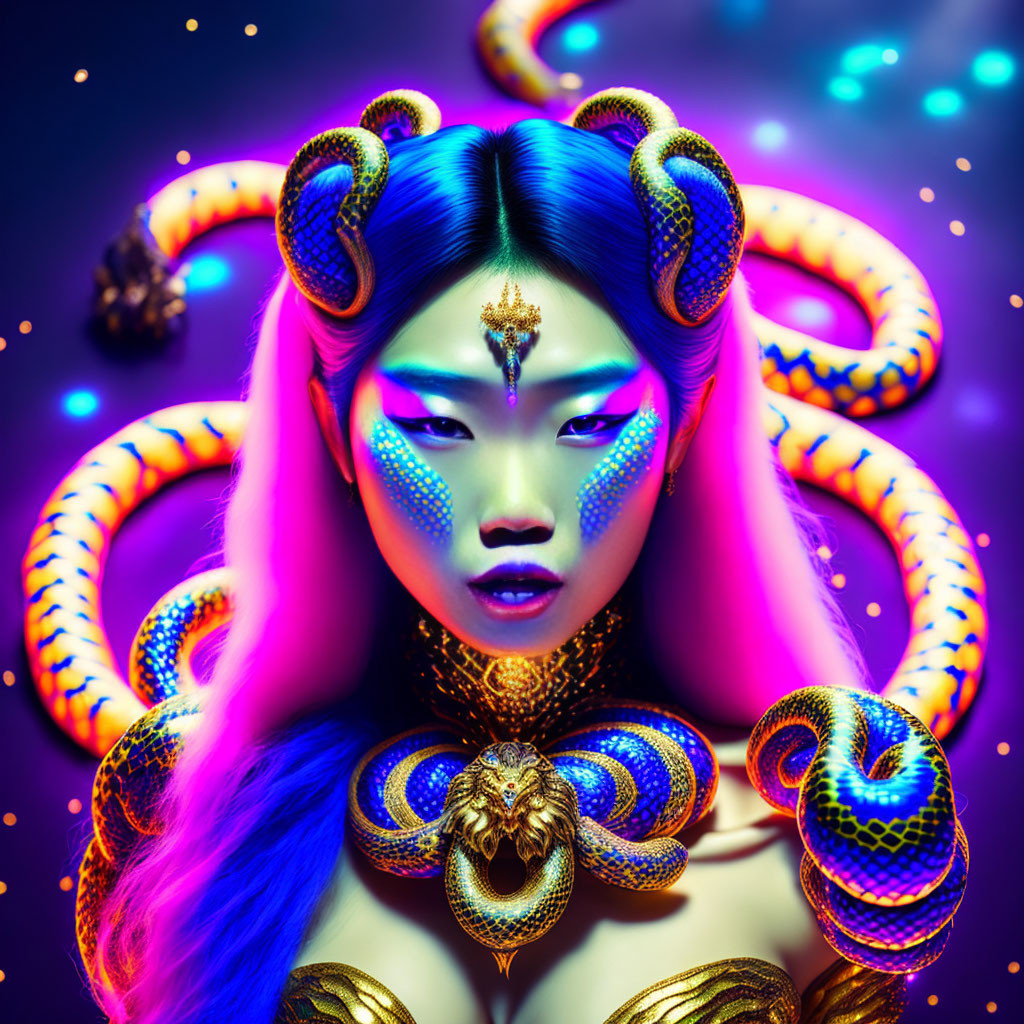 Fantasy portrait of a woman with blue hair and golden snake accessories on a purple background.