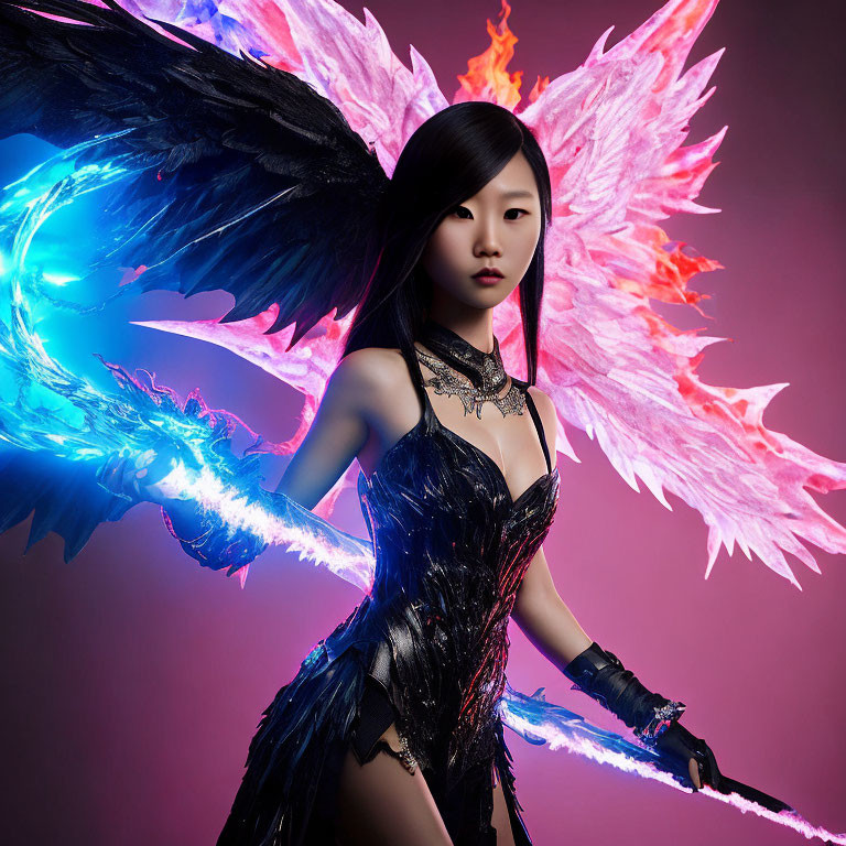 Fantasy art of woman with blue and pink wings wielding glowing sword