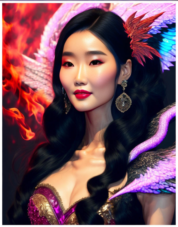 Vibrant digital artwork: Woman and fiery phoenix with striking features