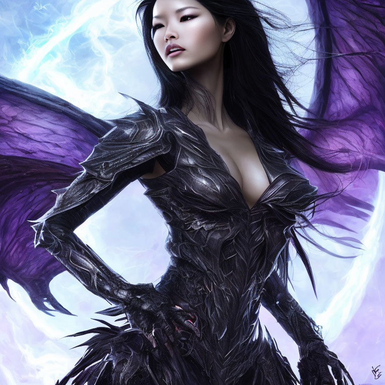 Dark-haired woman in black armor against mystical backdrop with billowing cape