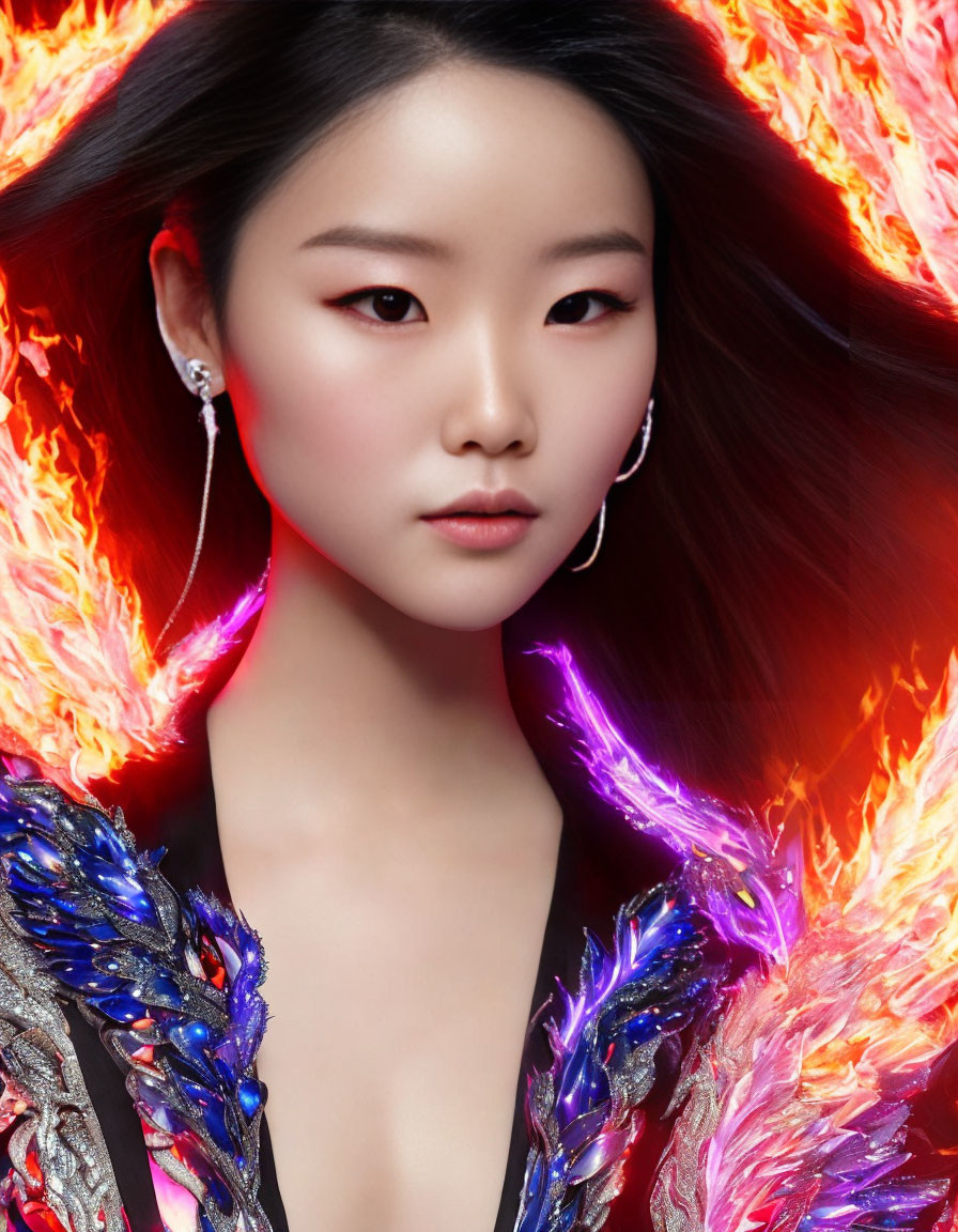 Calm woman in vibrant flames with metallic feathered garment