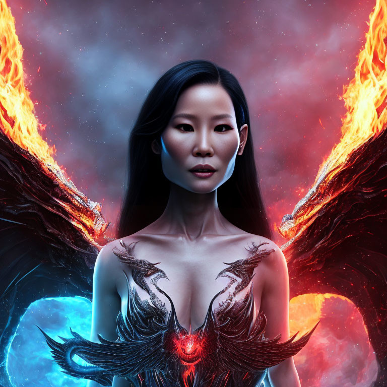 Woman with striking features in cosmic backdrop with fiery phoenix wings