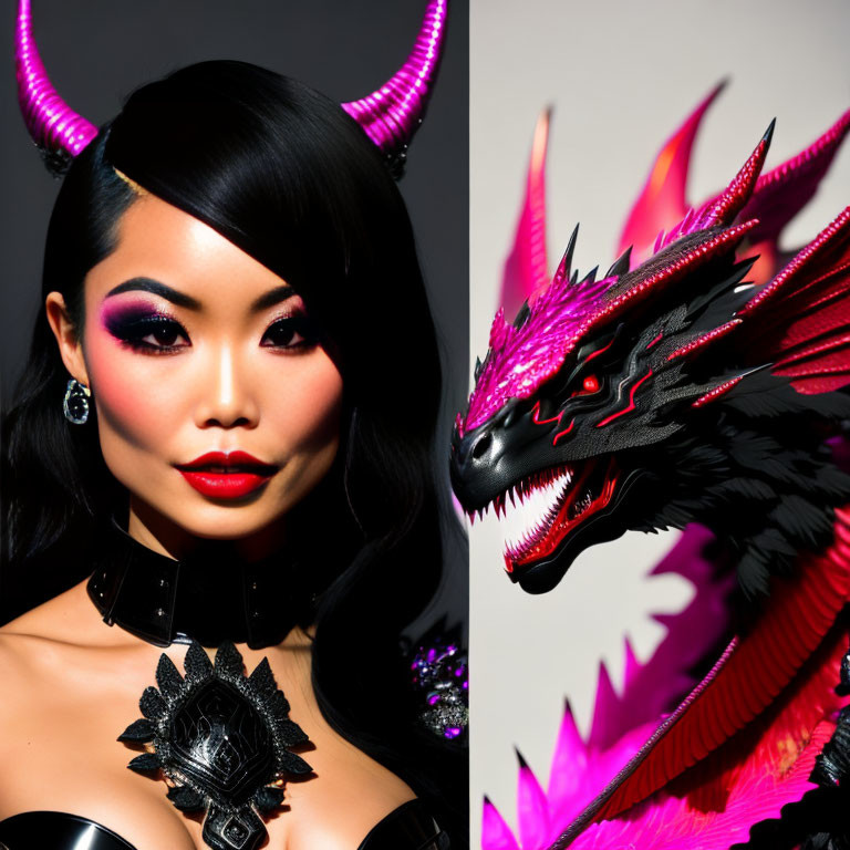 Split Image: Woman with Makeup and Horns Next to Fierce Dragon Art