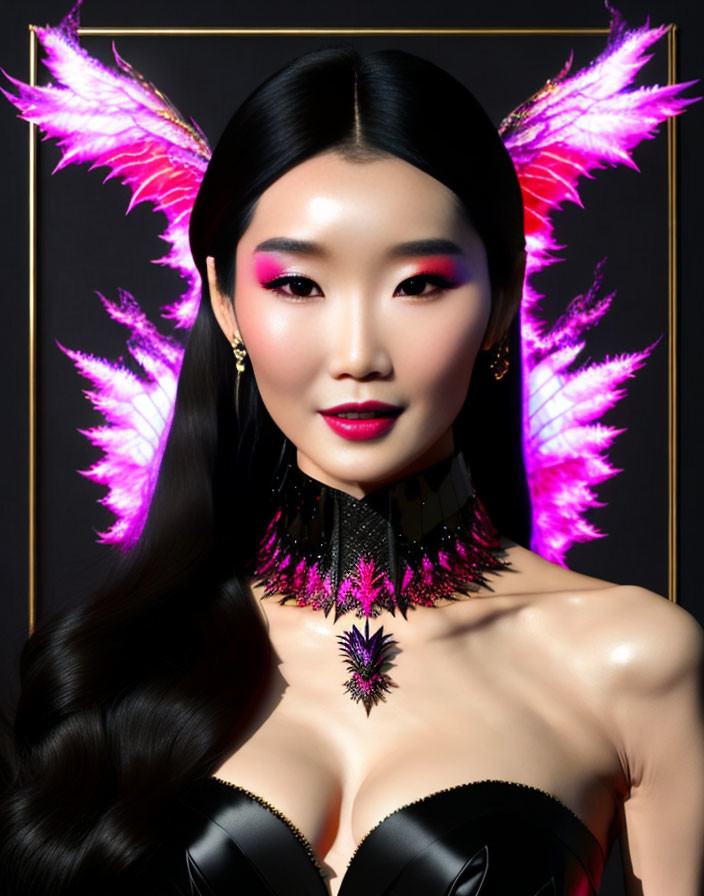 Woman portrait with pink wings, vibrant makeup, black choker, and dark hair on black background