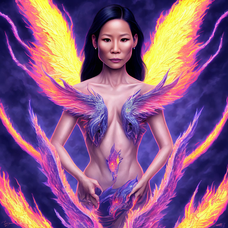 Digital Artwork: Woman with Flame Phoenix Wings on Purple Background