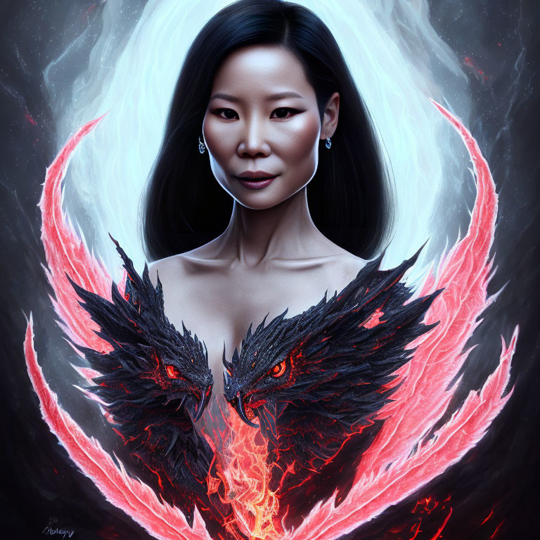 Dark-haired woman with red phoenix wings on dark background