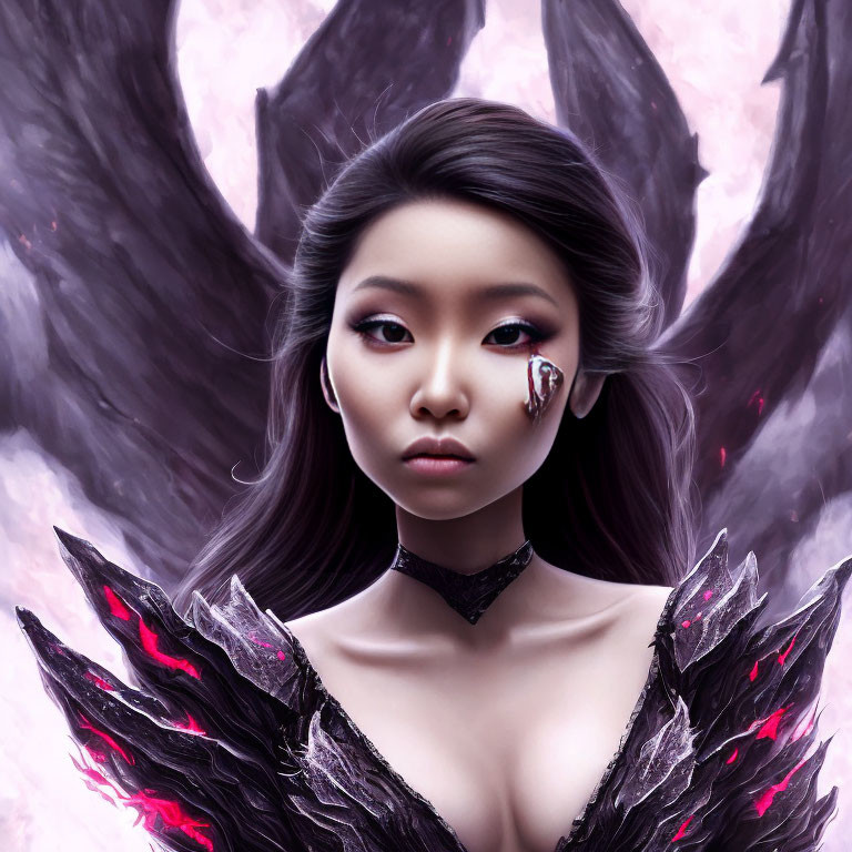 Fantasy-themed portrait of a woman with wing-like structures and dark makeup