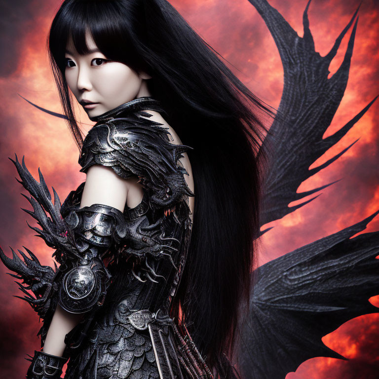 Elaborate dark armor woman with feather details in front of fiery backdrop