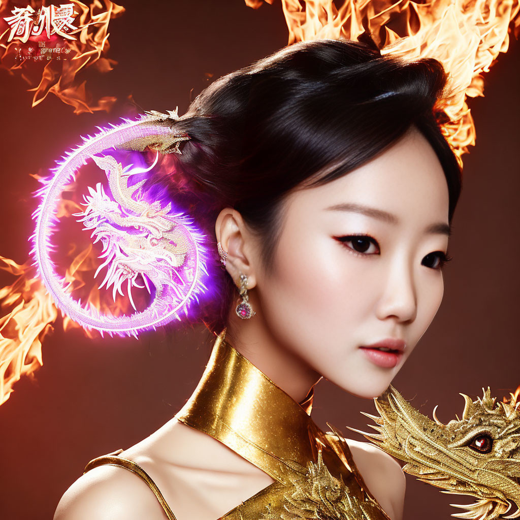 Woman in golden dragon-themed outfit with elegant makeup and updo.