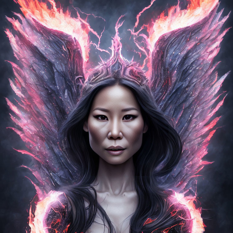 Ethereal woman with fiery wing-like structures on dark background