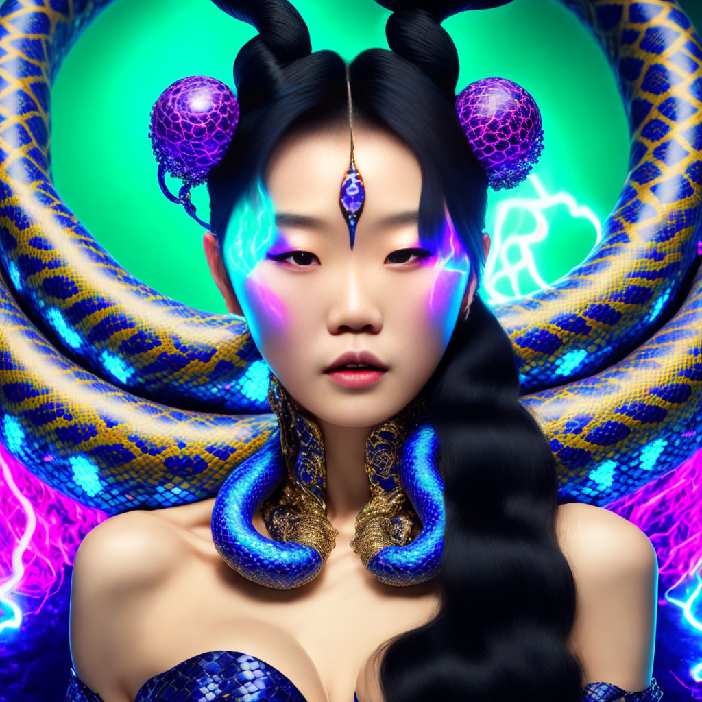 Vibrant digital artwork of a woman with stylized hair and a snake, against neon fractal