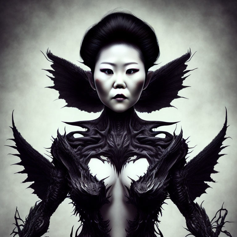 Monochrome surreal portrait with dark wings and Asian-inspired hairstyle