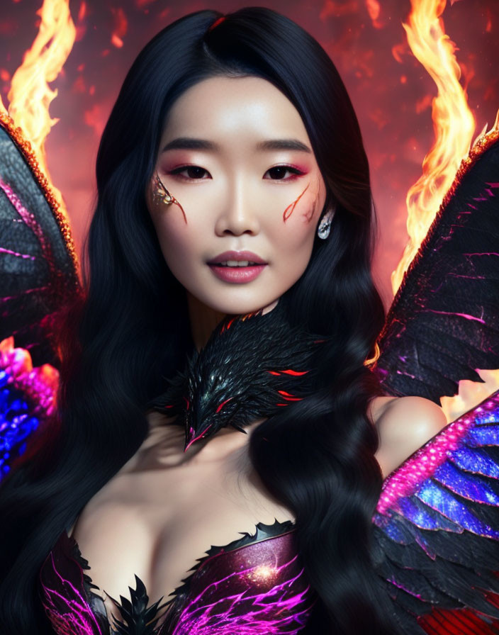 Dark-haired woman in fantasy makeup and armor with butterfly wings against fiery background