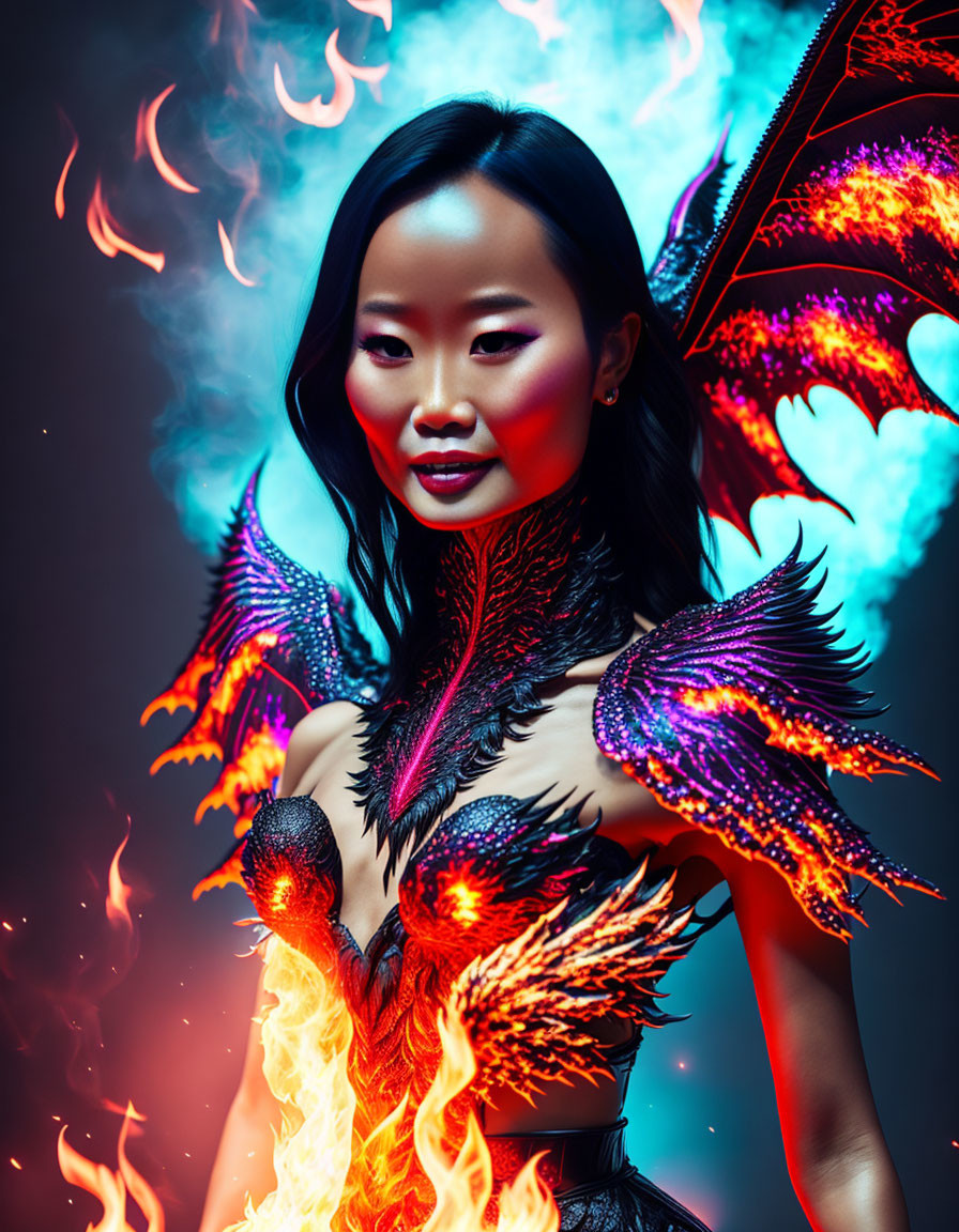 Woman with stylized makeup and fiery dragon wings in flames artwork