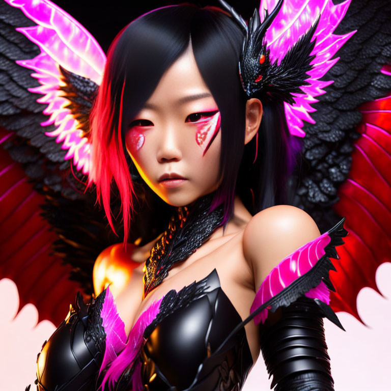 Fantasy female character with black and pink wings and dark armor on pink background