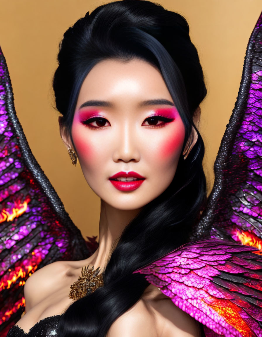 Person with Pink Eye Makeup, Crimson Lipstick, and Dragon Wings on Golden Background