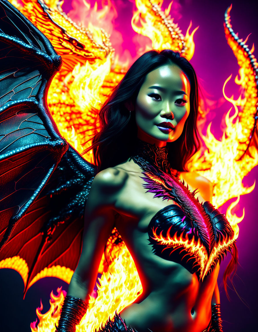 Fierce figure with dragon wings in vibrant flames