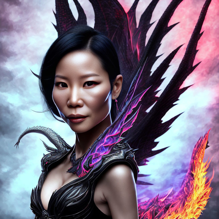 Fantasy-style armor woman with sharp features and fiery wings