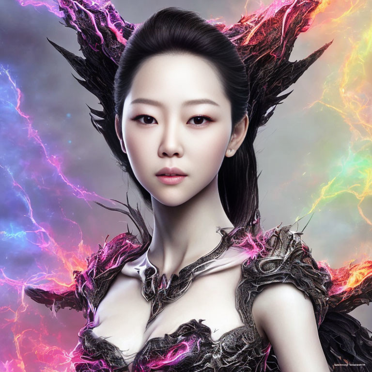 Digital portrait of woman in fantasy armor with glowing energy against cosmic nebula.