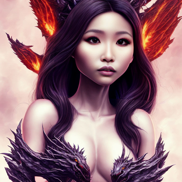 Fantastical female figure with orange wings and dragon-themed armor on pink background