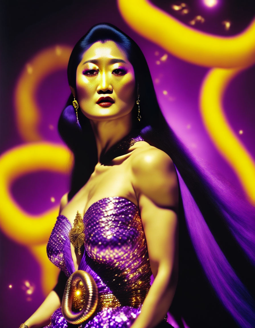 Woman in Shimmering Purple Dress with Yellow Swirls Background