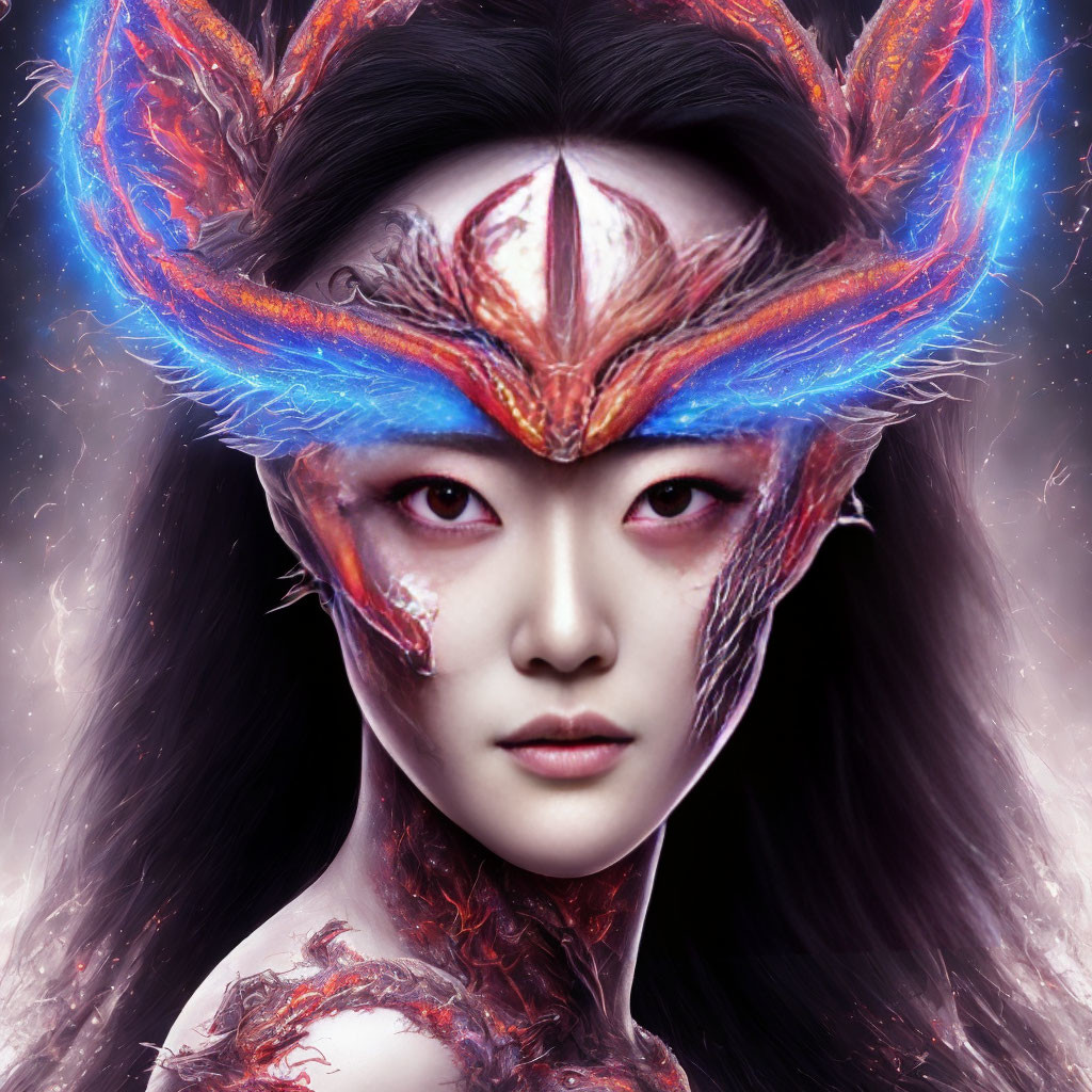 Dark-haired woman wearing colorful fantasy mask with feather details on dark background