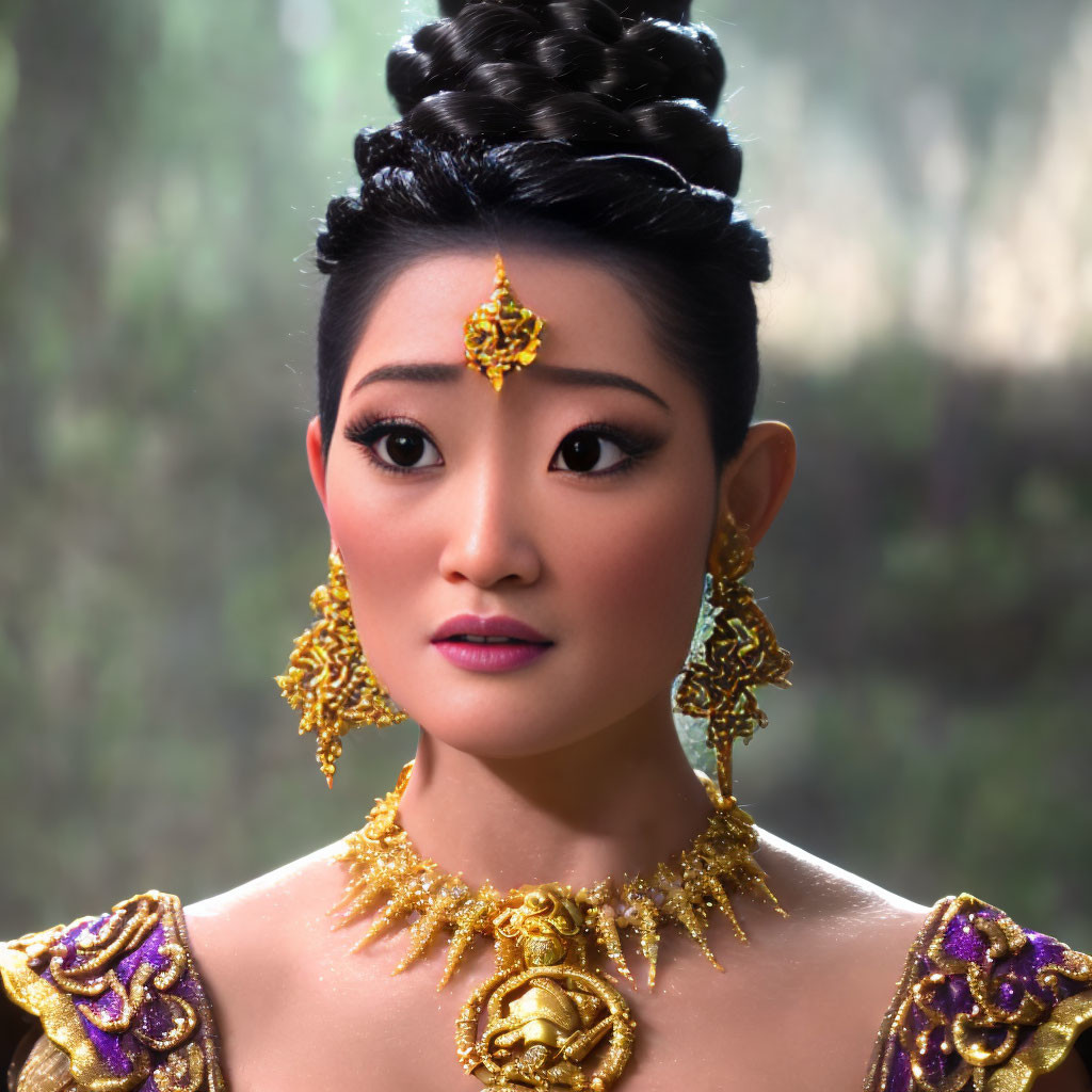 Intricate Gold Jewelry Adorns Woman with Elegant Updo