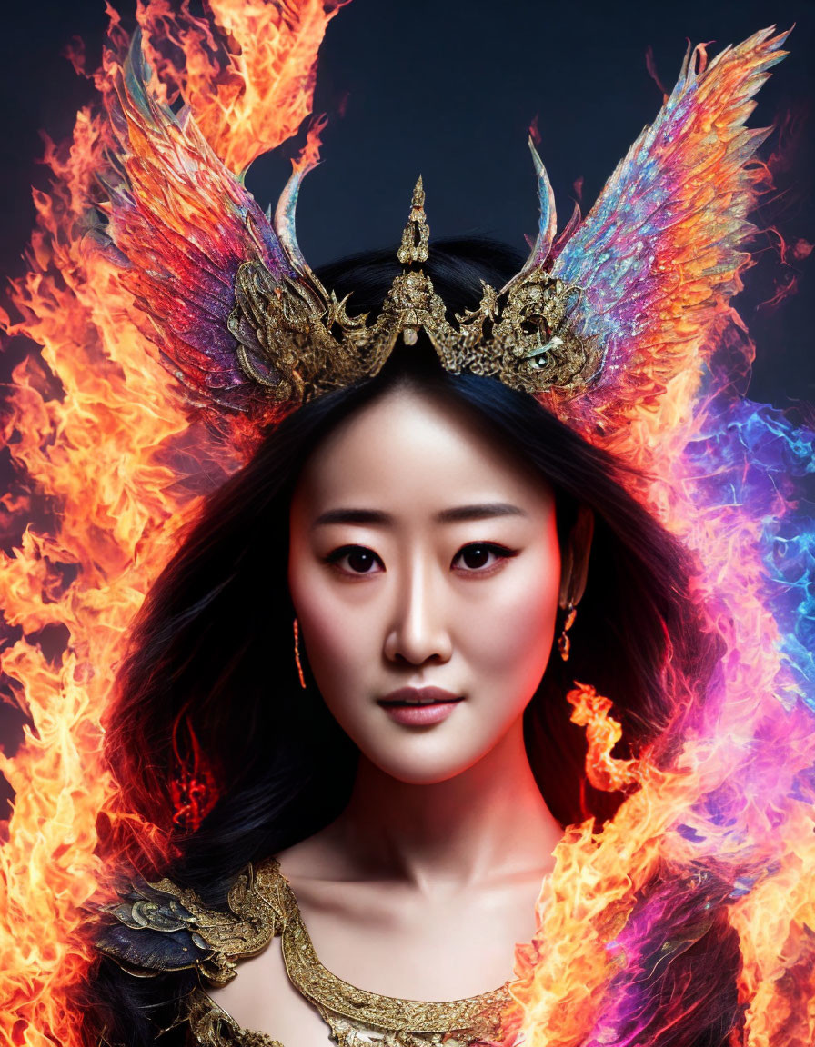 Woman with ornate crown and fiery wings on dark background symbolizing mystical power.