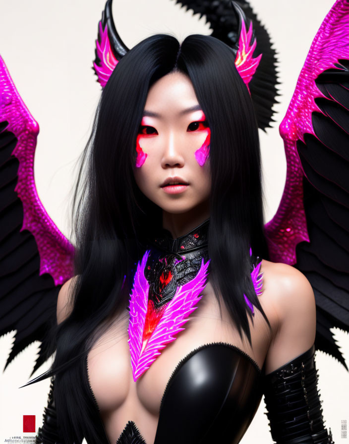 Person with Glowing Red Eyes, Pink Markings, Black Horns, and Feathered Wings on