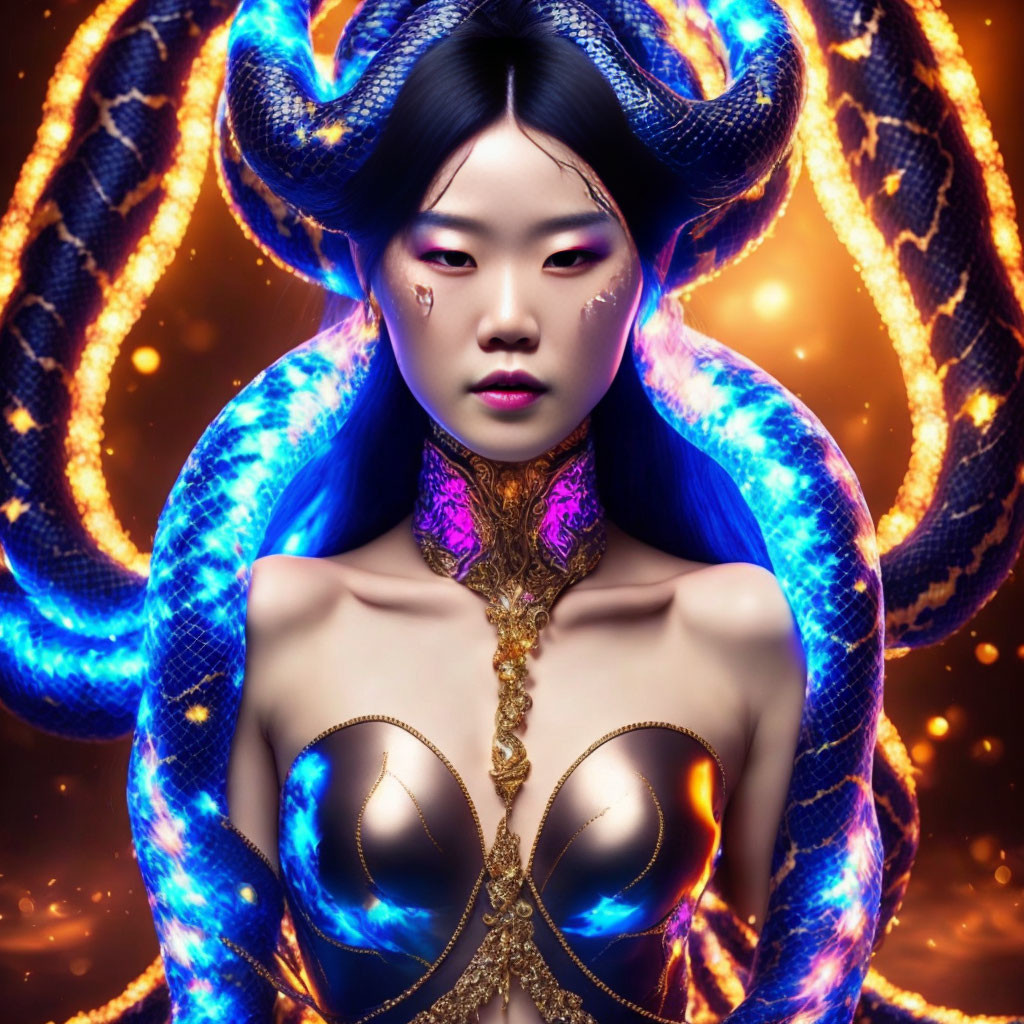 Dark-Haired Woman with Glowing Blue Snake in Mystical Setting