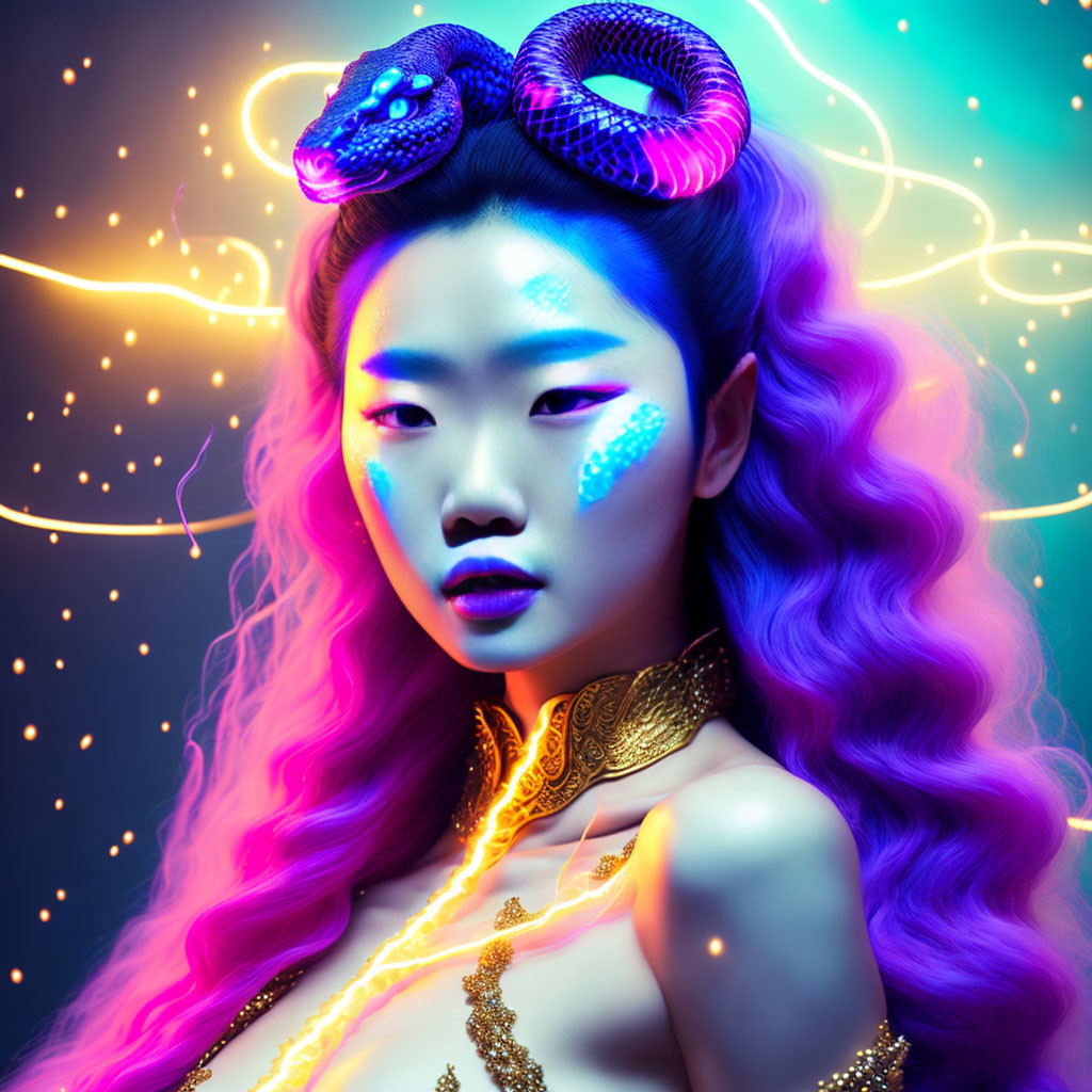 Purple-haired woman with snake-like accessories under neon lights