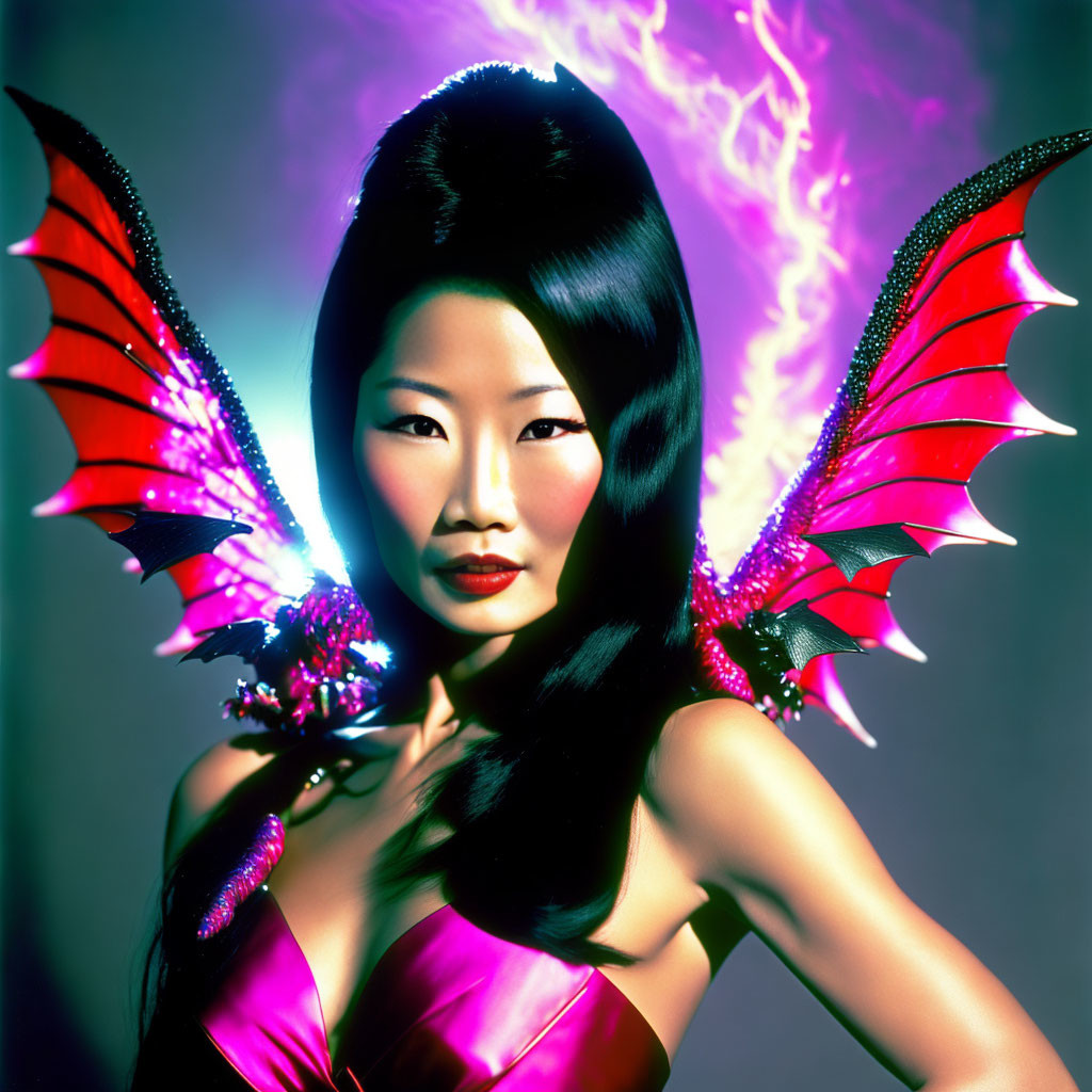 Winged costume woman in purple lighting.