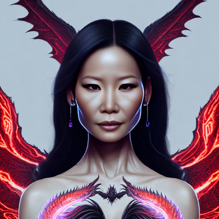 Portrait of woman with dark red wing-like designs and glowing blue earrings