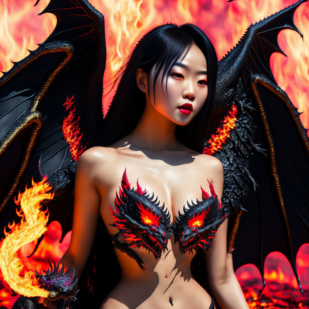 Digital artwork: Woman with dragon wings in fiery setting