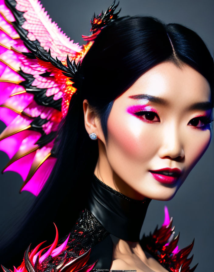 Vibrant pink feathered accessory on woman with striking makeup