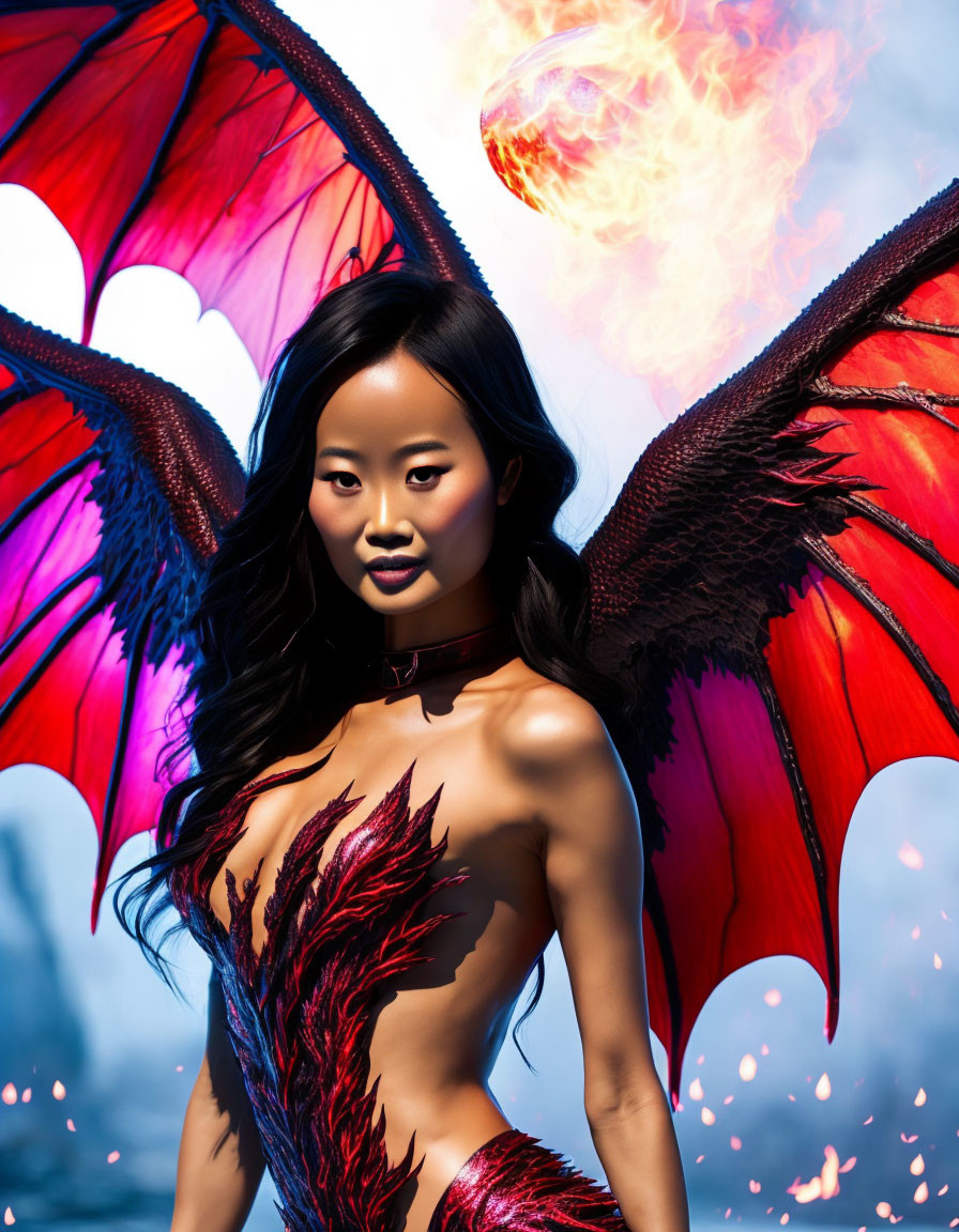 Digital artwork: Woman with red dragon wings and scales in cloudy sky with fireball