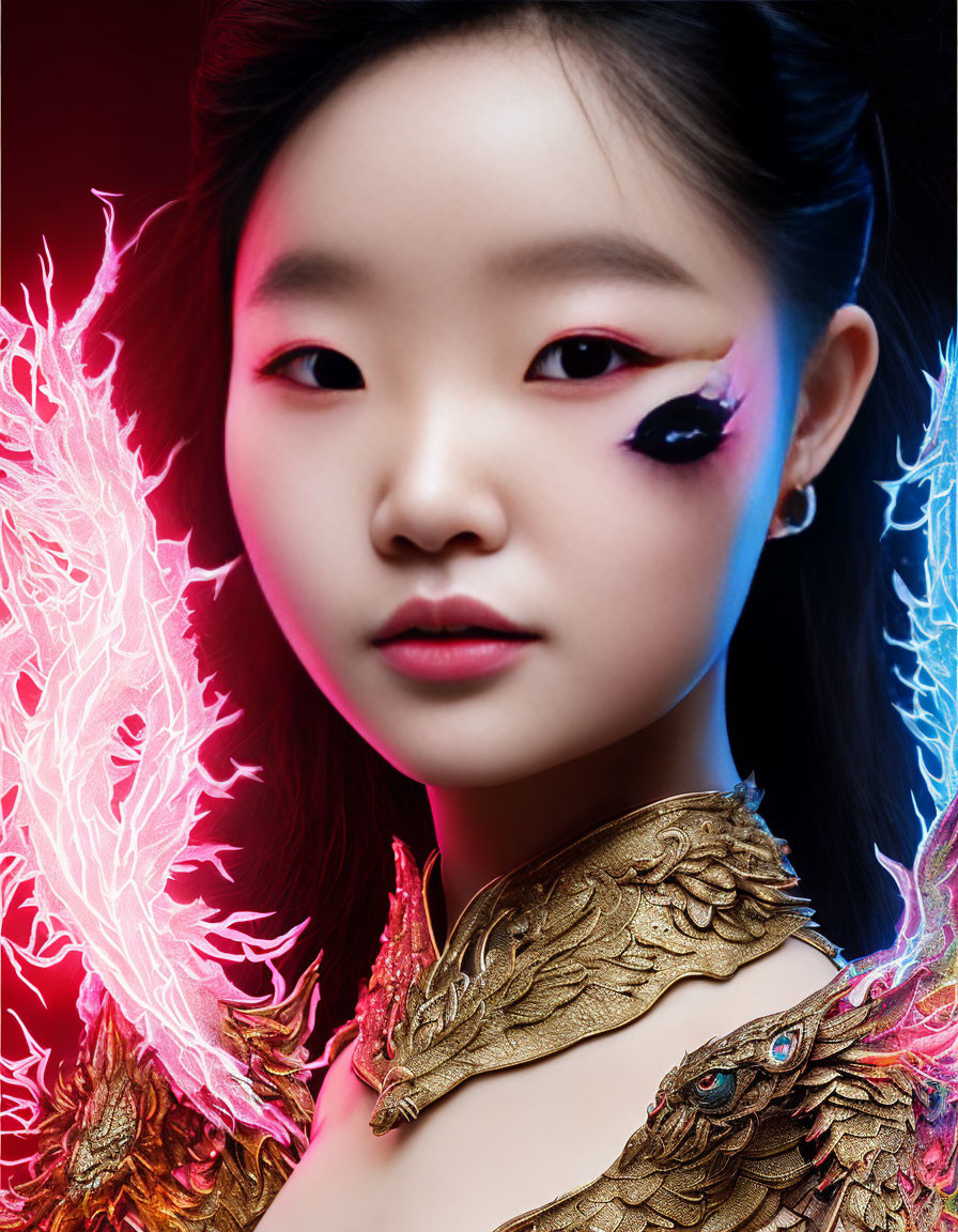 Young girl with pinkish-red wings and golden shoulder armor on red and blue gradient background