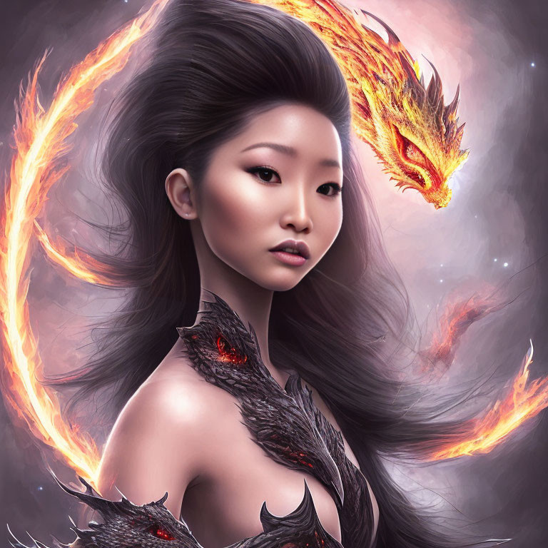 Serene woman with fiery dragon and cosmic backdrop