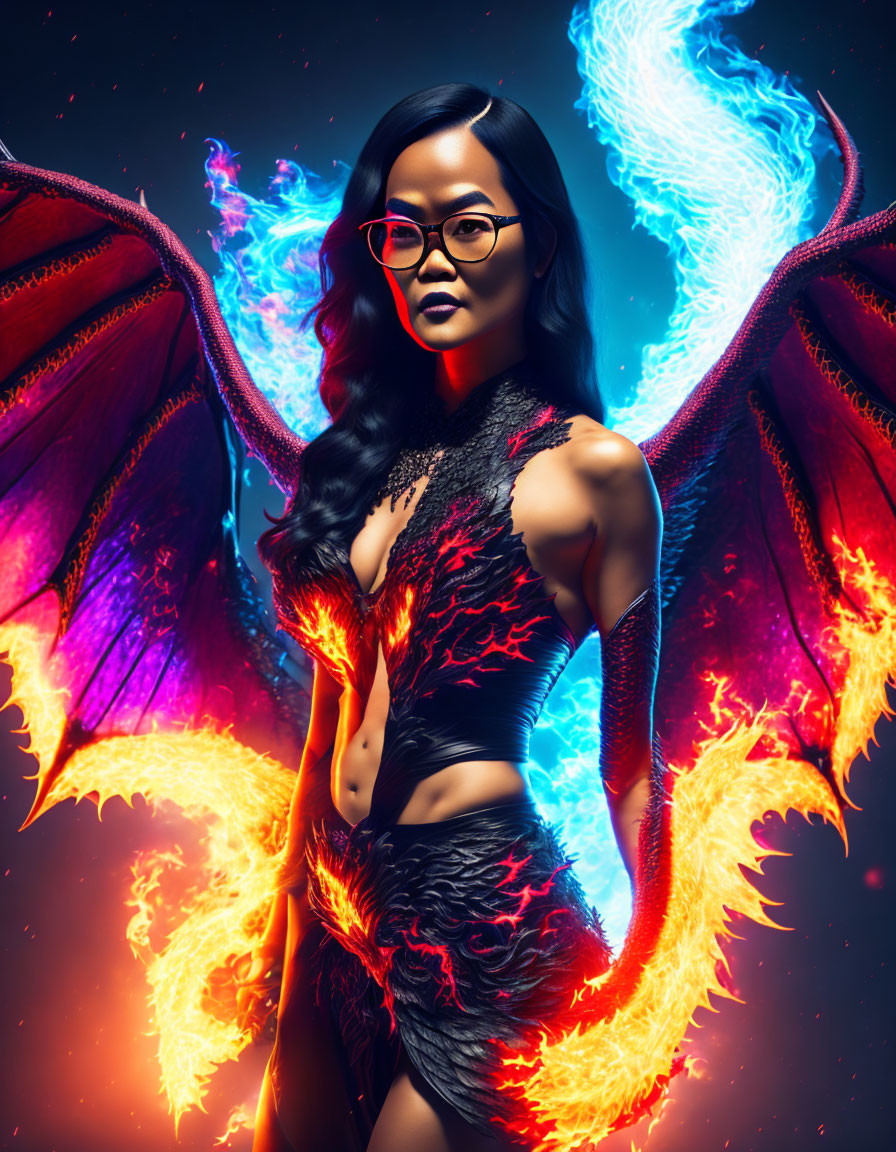 Fantastical figure with vibrant attire and fiery wings