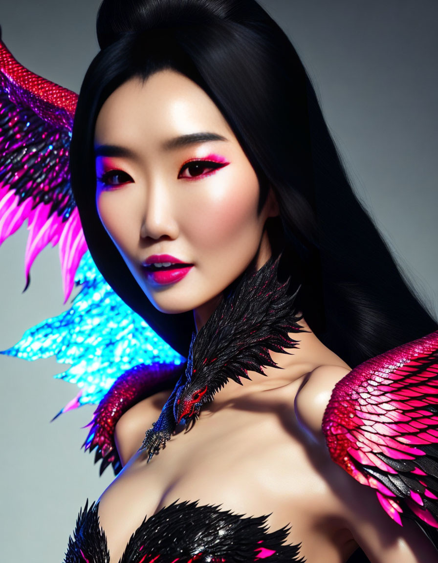 Portrait of Woman with Vibrant Makeup & Fantasy Feathered Garment