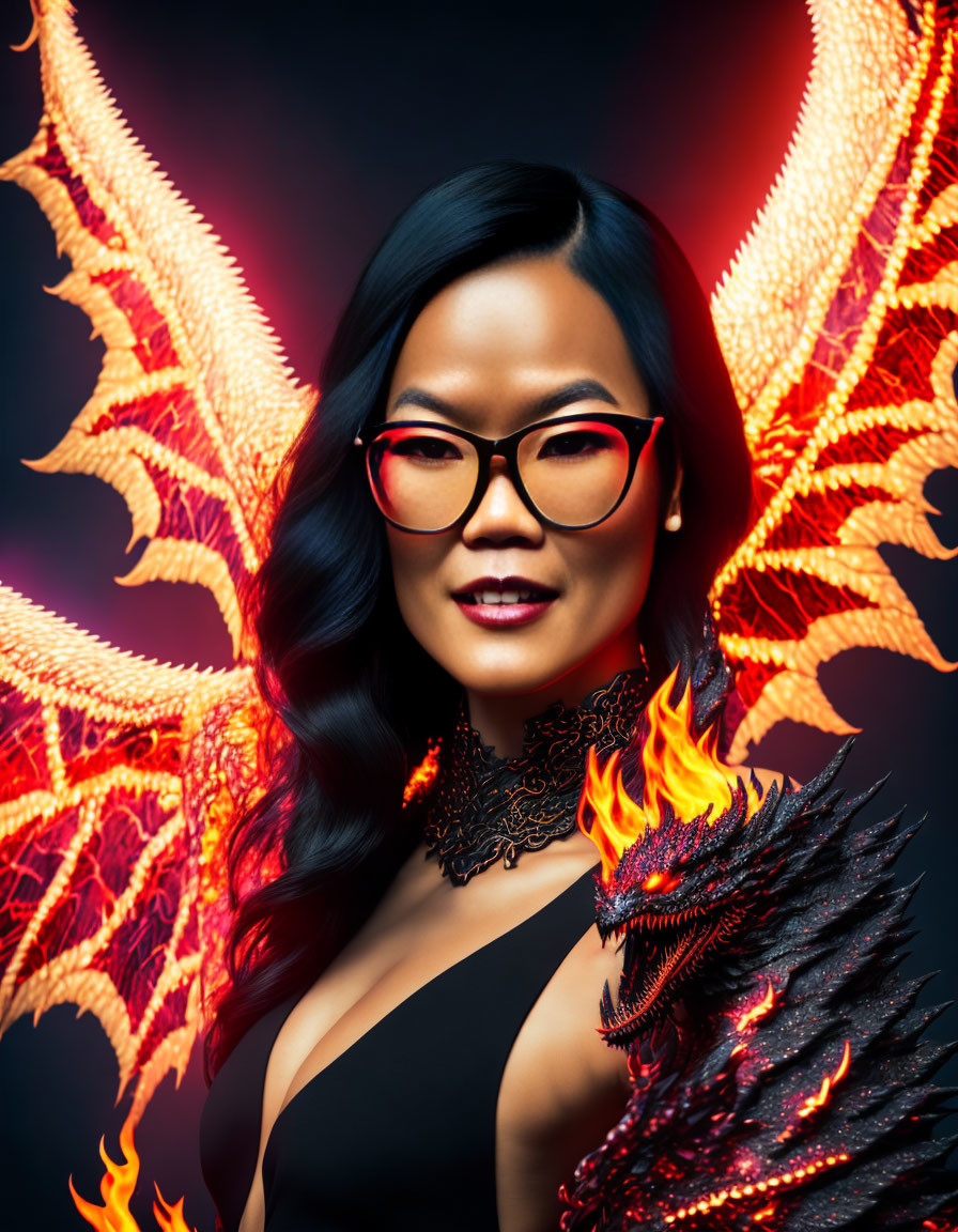 Portrait of a woman with dragon wings and red glasses