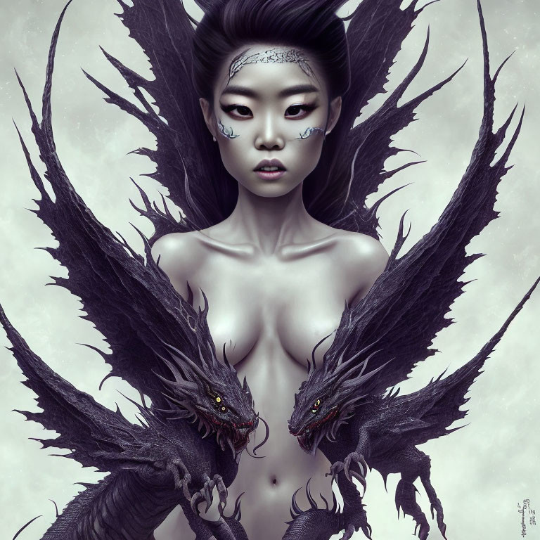 Fantasy-themed artwork with woman, black wings, and dragons