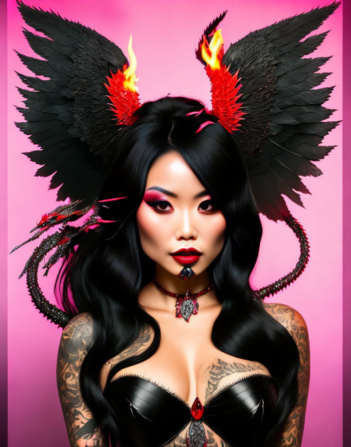 Fiery winged makeup woman against pink background with intense gaze